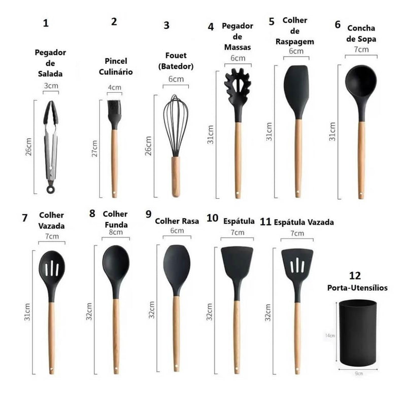 Kit Utensílios de Cozinha Silicone com Cabo em Bambu