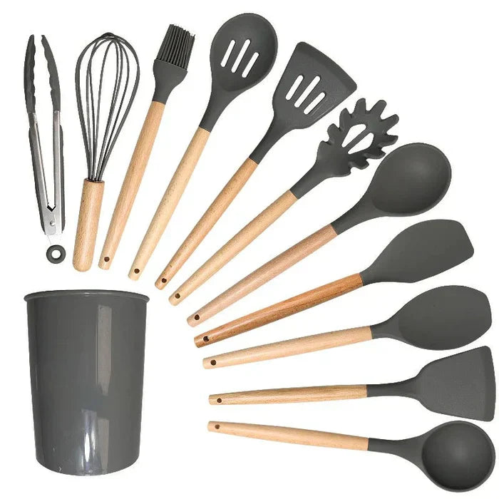 Kit Utensílios de Cozinha Silicone com Cabo em Bambu