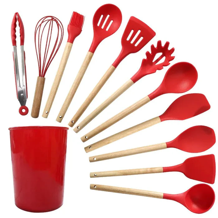 Kit Utensílios de Cozinha Silicone com Cabo em Bambu