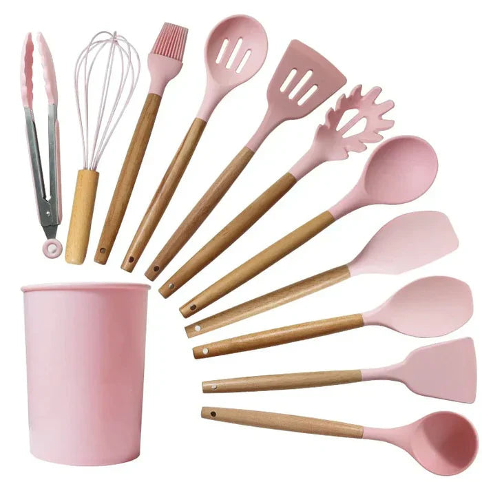 Kit Utensílios de Cozinha Silicone com Cabo em Bambu