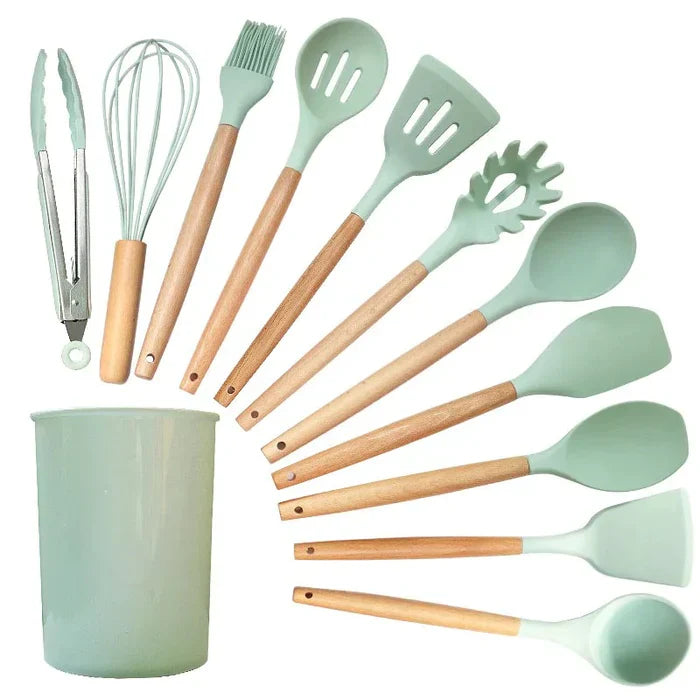 Kit Utensílios de Cozinha Silicone com Cabo em Bambu